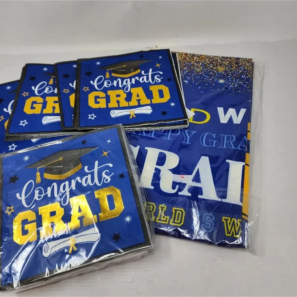 New Graduation Napkins & Large Platic Tablecloth 100‎ Napkins Blue Gold White